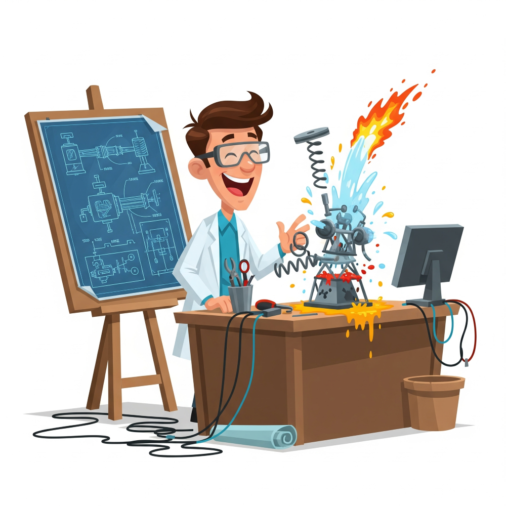 A scientist naively satisfied with his failed invention (with help from Gemini)